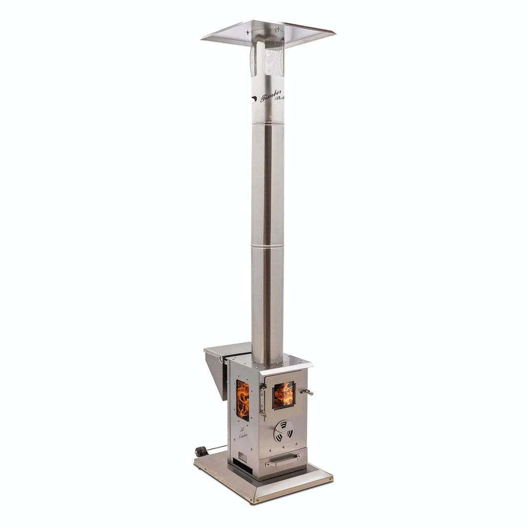 Lil' Timber Outdoor Fireplace - Elite Edition featuring an Elite Safety Cage in high-grade stainless steel, producing 72,000 BTUs of heat with a 10-foot radius, perfect for outdoor gatherings year-round.