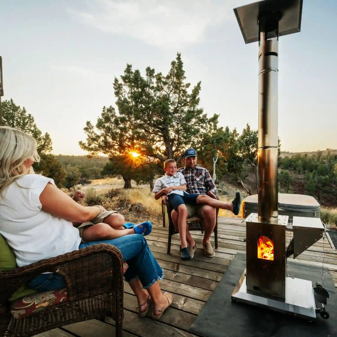 Lil' Timber Outdoor Fireplace with Elite Safety Cage: Stainless steel construction, 72,000 BTUs heat output, tempered glass viewing windows, non-electric performance, and 12.5 lb pellet hopper capacity for long-lasting warmth in outdoor spaces, patios, cabins, and campsites.