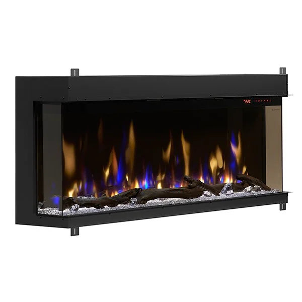 Dimplex IgniteXL Bold 60" Smart Linear Multi-Side View Built-In Electric Fireplace features realistic flames, multi-media bed with acrylic crystals and driftwood logs, and a fan-forced heater rated for up to 8,530 BTU.