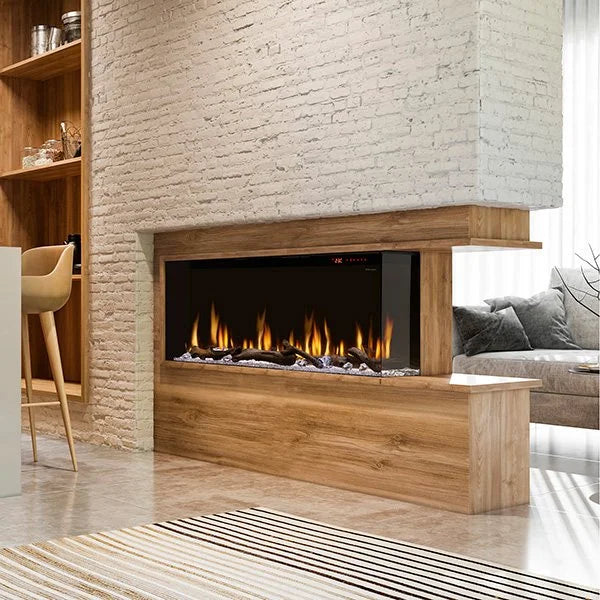Dimplex IgniteXL Bold 50-inch Smart Linear Multi-Side View Built-In Electric Fireplace: High-quality modern electric fireplace with patented mirror effect and multi-media bed featuring crystals and driftwood logs for a realistic flame presence and customizable accent lighting.