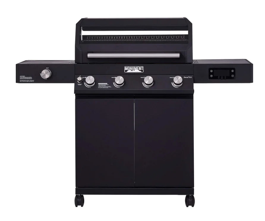 Monument Grills Denali Series D425 Gas Grill - Smart 4-burner propane grill with digital touchscreen display, Bluetooth connectivity, and color-changing LED backlit knobs for precise control over up to 60,000 BTUs of heat on 725 sq. in. of cooking space.
