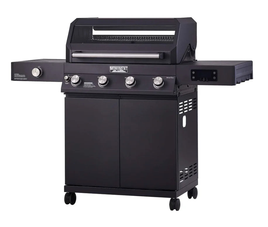 Monument Grills Denali Series D425 Gas Grill features smart digital touchscreen, Bluetooth connectivity, and color-changing LED backlit knobs in a sleek black powder-coated finish.