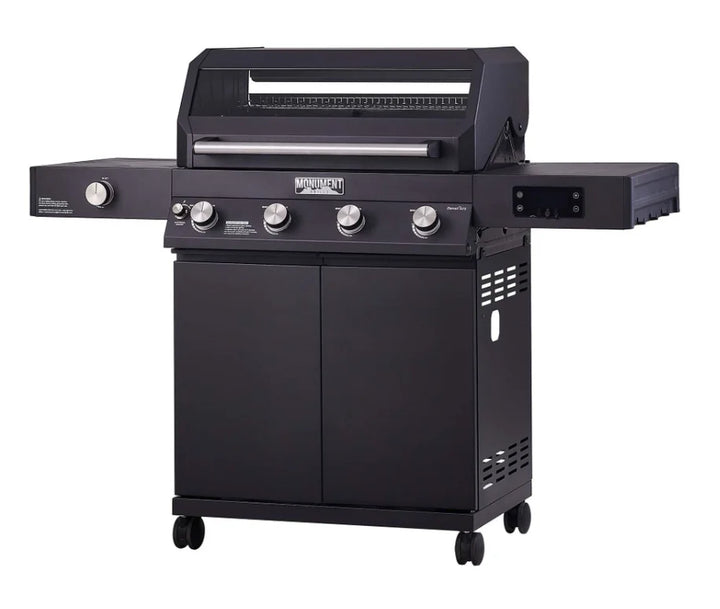 Monument Grills Denali Series D425 Gas Grill features smart digital touchscreen, Bluetooth connectivity, and color-changing LED backlit knobs in a sleek black powder-coated finish.