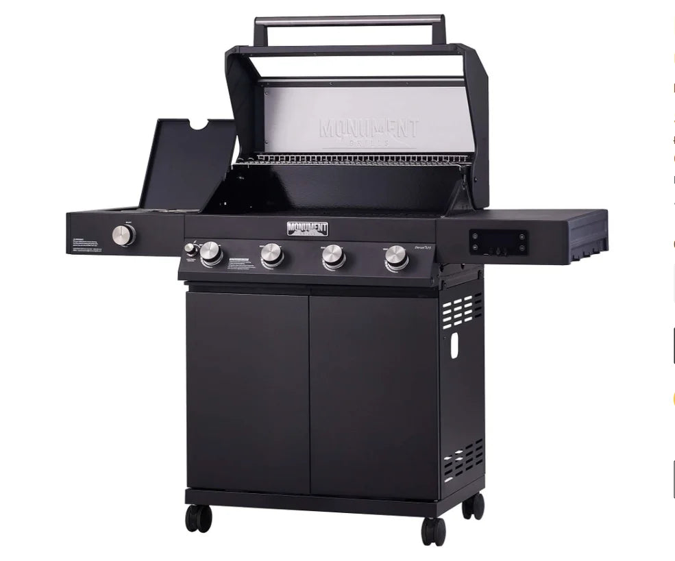 Monument Grills Denali Series D425 Gas Grill features a sleek black powder-coated design, digital touchscreen display, and Bluetooth connectivity for smart outdoor cooking.