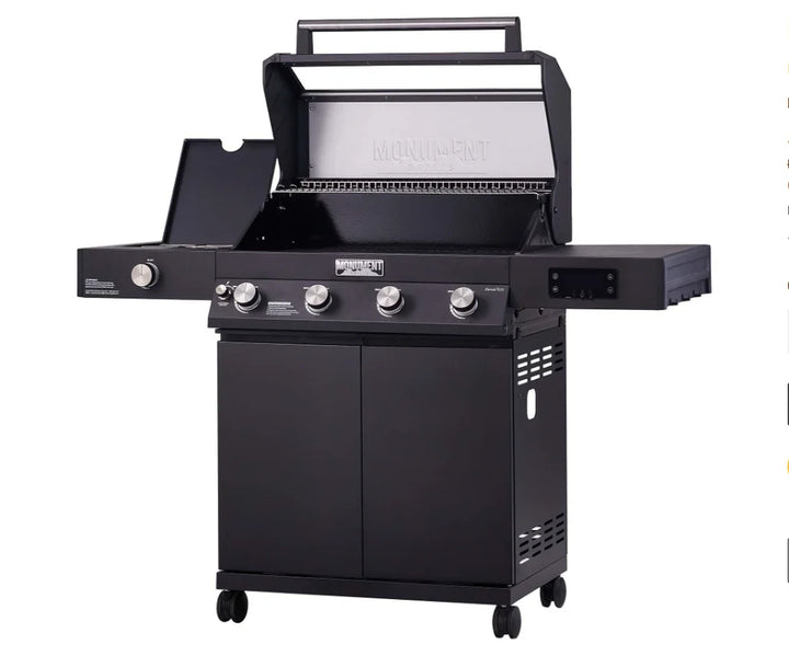 Monument Grills Denali Series D425 Gas Grill features a sleek black powder-coated design, digital touchscreen display, and Bluetooth connectivity for smart outdoor cooking.