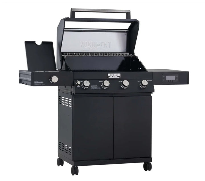 Monument Grills Denali Series D425 Gas Grill features a sleek black powder-coated exterior, digital touchscreen display, and color-changing LED backlit knobs for modern control and precision grilling with up to 60,000 BTUs of total output on its 4-burner system.