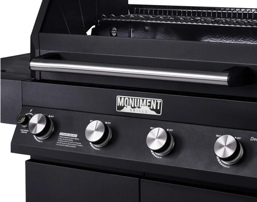 Monument Grills Denali Series D425 Gas Grill features a black powder-coated finish, digital touchscreen display, and Bluetooth connectivity for smart grilling control.