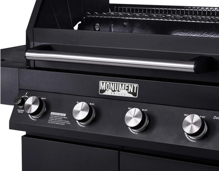 Monument Grills Denali Series D425 Gas Grill features a black powder-coated finish, digital touchscreen display, and Bluetooth connectivity for smart grilling control.