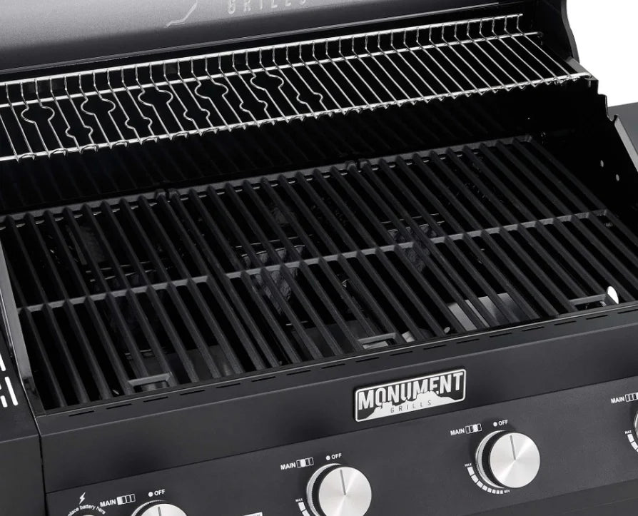 Monument Grills "D425" Gas Grill - Denali Series: A sleek black powder-coated propane grill featuring a digital touchscreen display, Bluetooth connectivity, and color-changing LED backlit knobs for modern control and precision cooking.