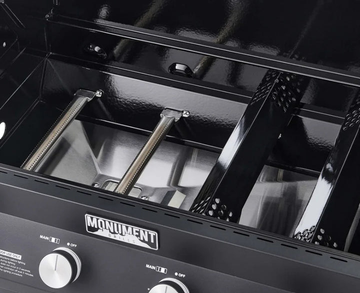 Monument Grills Denali Series D425 Gas Grill: Smart digital touchscreen control panel, 4 powerful burners delivering 60,000 BTUs, 725 sq. in. total cooking space, and sleek black powder-coated design.