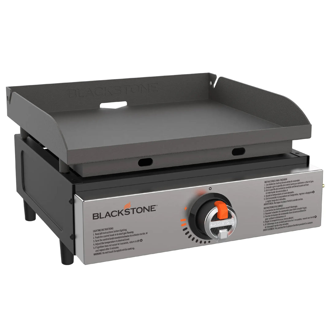 Blackstone Original 17” Tabletop Griddle: compact outdoor cooking solution with Omnivore Griddle Plate Technology for fast preheat and recovery, even heat distribution, and wind guards for optimal fuel use.
