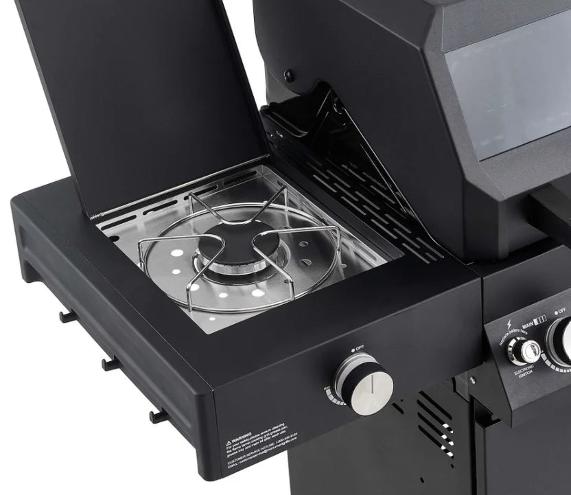 Monument Grills Denali Series D425 Gas Grill features smart digital touchscreen display, Bluetooth connectivity, and color-changing LED backlit knobs for modern control and precision grilling.