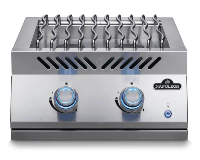 Napoleon Built-In 700 Series Dual Range Top Burner - Premium stainless steel dual burner for outdoor kitchens, powered by 30,000 BTUs, with battery-free ignition and backlit control knobs.