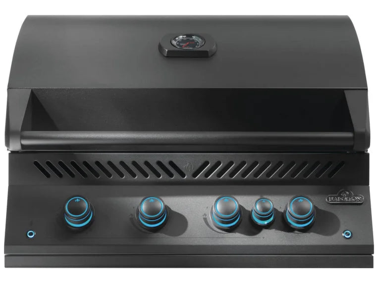 Napoleon Built-In 700 Series 32-inch Gas Grill features matte black finish, stainless steel construction, 66,000 BTUs, 29.5" x 18" cooking surface, and integrated rear infrared burner.