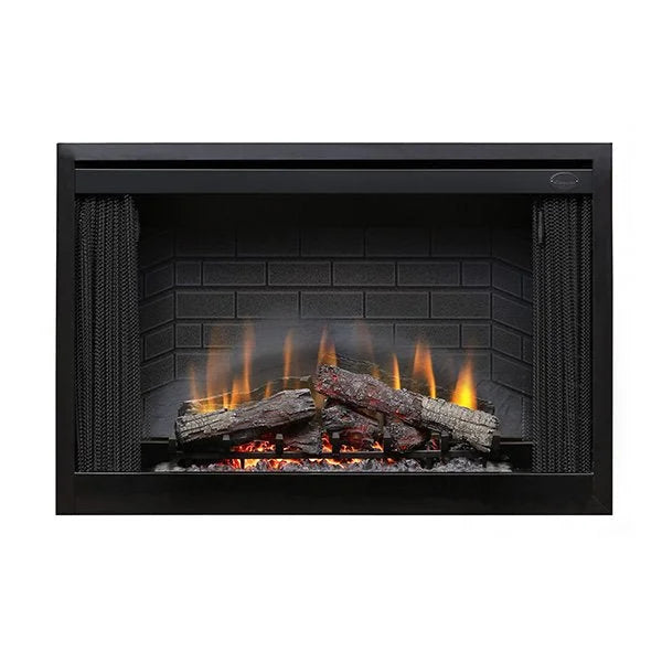Dimplex BF45DXP Deluxe Built-in Electric Firebox/Fireplace features faux brick interior, built-in manual switches, and advanced LED flame technology with pulsating ember effect, providing supplemental heat for rooms up to 400 square feet.