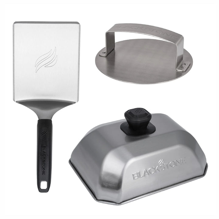 Blackstone Smash Burger Kit (3 Pieces) - A stainless steel burger kit featuring a hamburger spatula, basting dome, and burger press for crafting smash-style burgers with crispy edges and juicy centers, perfect for griddle enthusiasts.