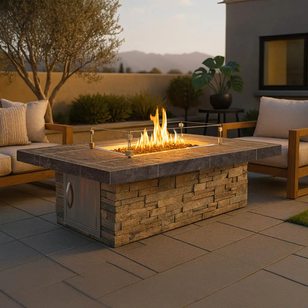 Cal Flame 'Mojave' Fire Pit: modern rectangular design featuring a spacious porcelain tile top, bold lines, and captivating flame display, fueled by a high-performance double burner producing up to 90,000 BTUs.