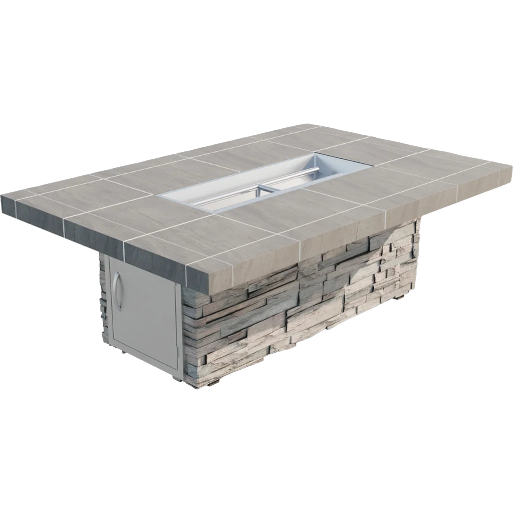 Cal Flame Mojave Fire Pit: A modern outdoor gathering space featuring a spacious rectangular porcelain tile top, double burner producing 90,000 BTUs, and elegant stucco or stone base options.