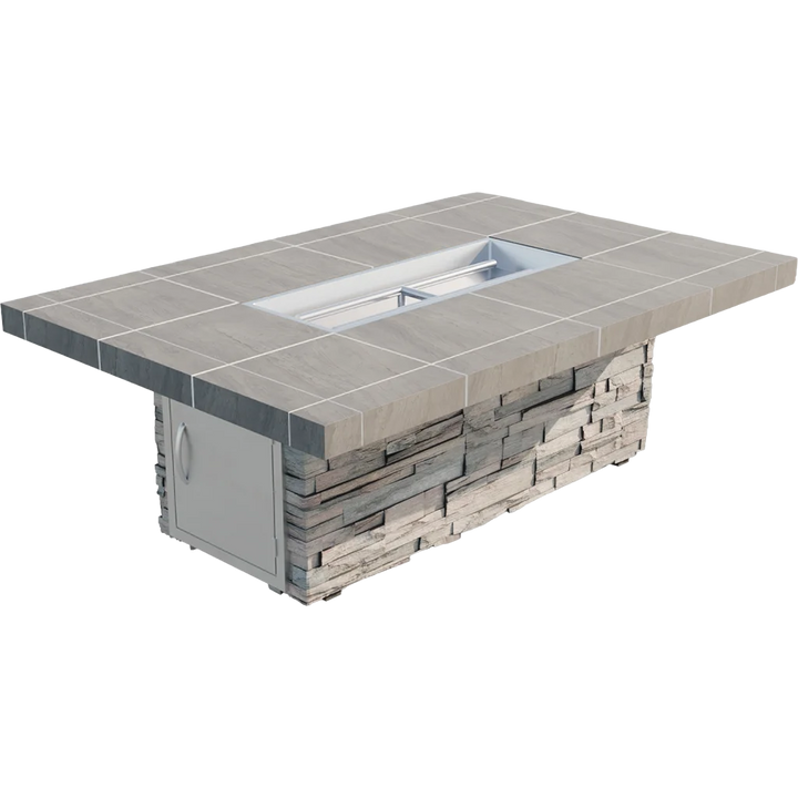 Cal Flame Mojave Fire Pit: A modern outdoor gathering space featuring a spacious rectangular porcelain tile top, double burner producing 90,000 BTUs, and elegant stucco or stone base options.