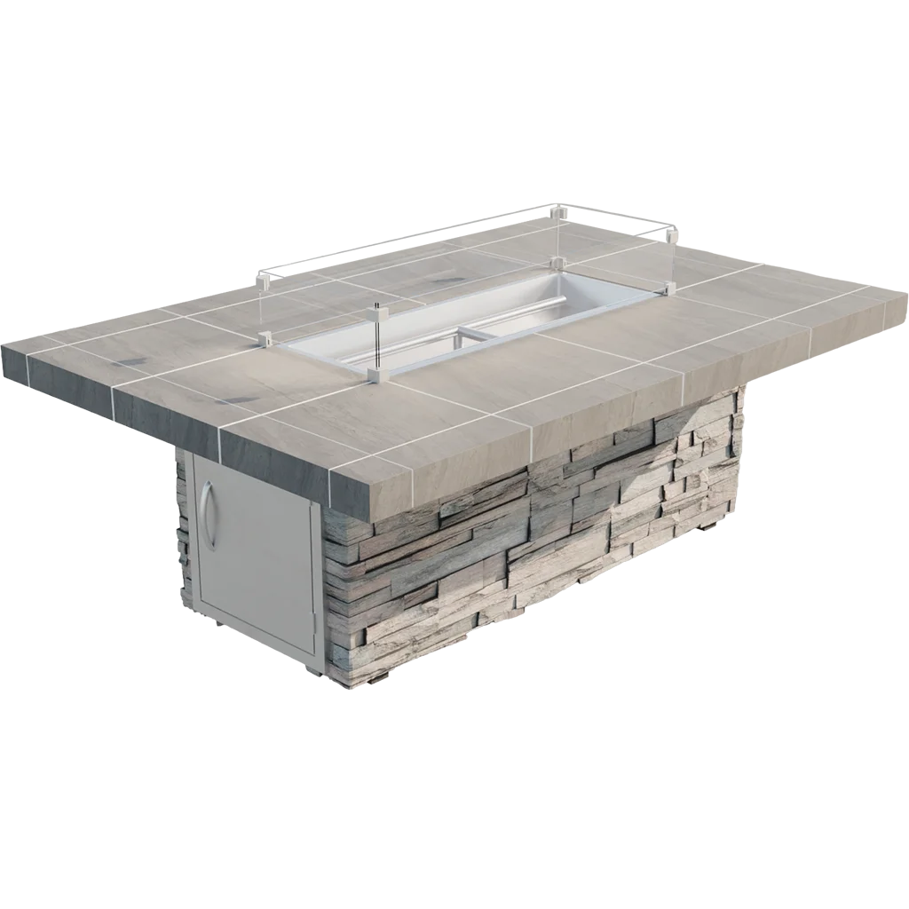 Cal Flame Mojave Fire Pit features a spacious rectangular design with bold lines, high-performance double burner, and radiant heat up to 90,000 BTUs.