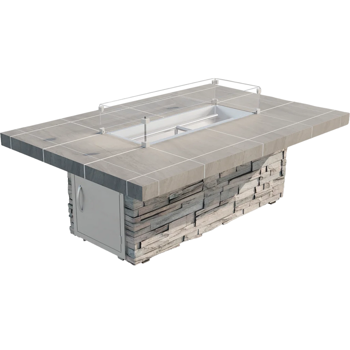 Cal Flame Mojave Fire Pit features a spacious rectangular design with bold lines, high-performance double burner, and radiant heat up to 90,000 BTUs.