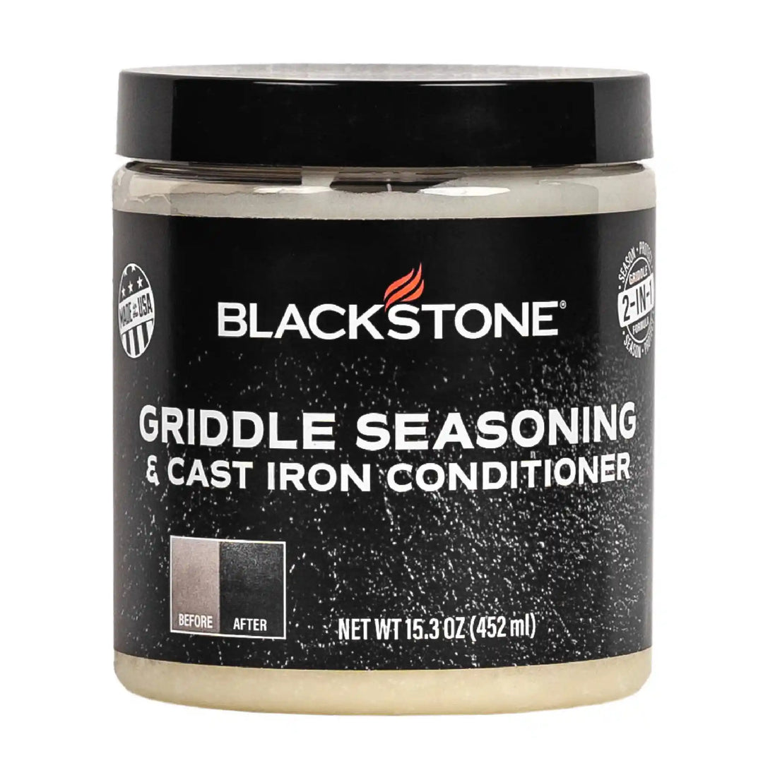 Blackstone Griddle Seasoning & Cast Iron Conditioner (15.3 oz) - A 2-in-1 formula for seasoning and protecting griddles and cast iron surfaces from rust and wear, made with natural oils and beeswax in the USA.