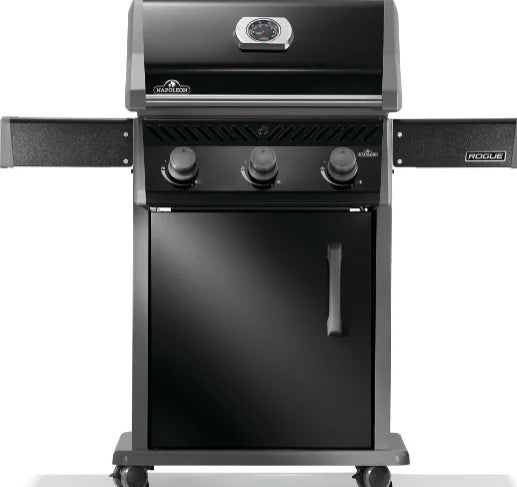 Napoleon Rogue 425 Premium 3-Burner Gas Grill in Sleek Black features durable black porcelain enamel lid, powder-coated body, three stainless steel burners delivering 42,000 BTUs of precise heat, and WAVE cooking grids for even heating and sear marks.