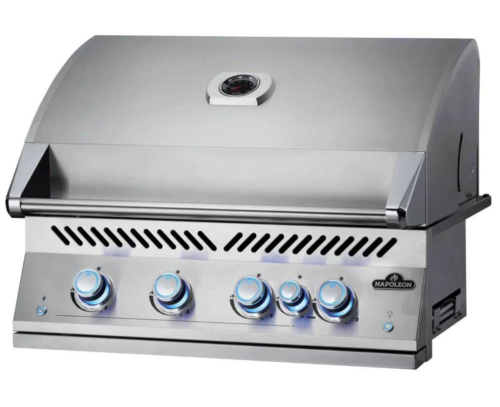 Napoleon Built-In 700 Series 32" Gas Grill with Rear Infrared Burner - Stainless Steel features four main burners producing 66,000 BTUs, rear infrared rotisserie burner, and thick stainless steel cooking grids for even heat distribution and searing.