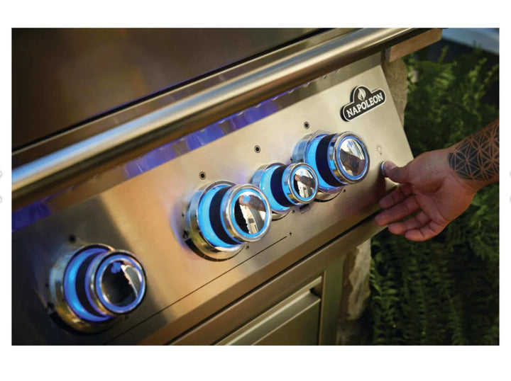 Napoleon Built-In 700 Series 32-inch Gas Grill featuring all-stainless steel construction, four main burners producing 66,000 BTUs, rear infrared rotisserie burner, and thick wave cooking grids for even heat distribution and superior searing.