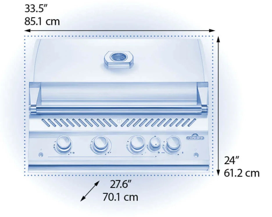 Napoleon Built-In 700 Series 32" Gas Grill in Stainless Steel features four main burners producing 66,000 BTUs, a rear infrared rotisserie burner and wave cooking grids for even heat distribution and searing.