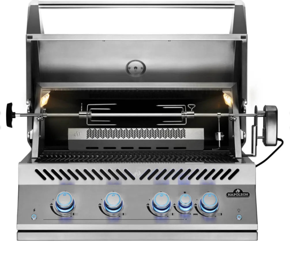 Napoleon Built-In 700 Series 32" Grill with Rear Infrared Burner - Stainless Steel: A premium gas grill with all-stainless steel construction, featuring four main burners producing 66,000 BTUs, rear infrared rotisserie burner, and thick stainless steel cooking grids for even heat distribution and superior searing.