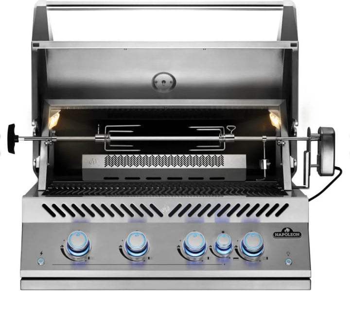 Napoleon Built-In 700 Series 32" Grill with Rear Infrared Burner - Stainless Steel: A premium gas grill with all-stainless steel construction, featuring four main burners producing 66,000 BTUs, rear infrared rotisserie burner, and thick stainless steel cooking grids for even heat distribution and superior searing.