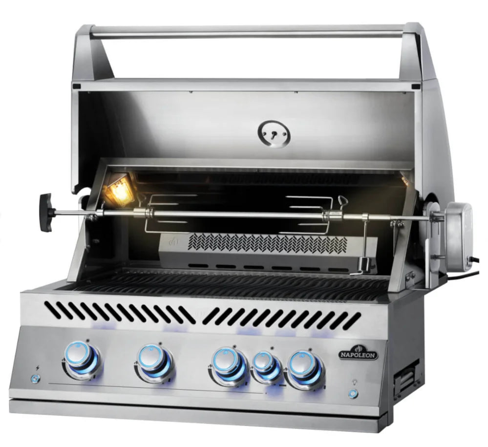 Napoleon Built-In 700 Series 32" Gas Grill with Rear Infrared Burner, stainless steel construction, four main burners, rear rotisserie burner, commercial-grade rotisserie kit included, blue-to-red backlit control knobs, halogen hood lights, and advanced angular grease management system.