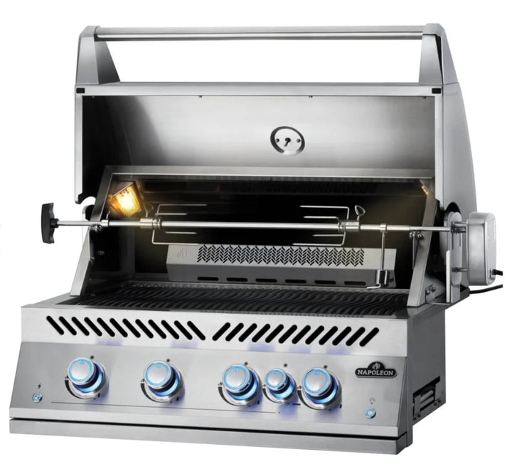 Napoleon Built-In 700 Series 32" Gas Grill with Rear Infrared Burner, stainless steel construction, four main burners, rear rotisserie burner, commercial-grade rotisserie kit included, blue-to-red backlit control knobs, halogen hood lights, and advanced angular grease management system.