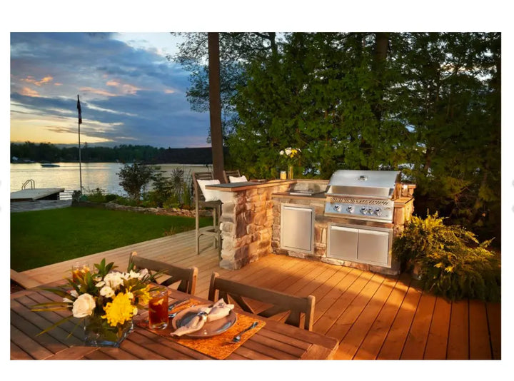 Napoleon Built-In 700 Series 32-inch Gas Grill featuring all-stainless steel construction, four main burners producing 66,000 BTUs, rear infrared rotisserie burner, and thick stainless steel wave cooking grids for even heat distribution.