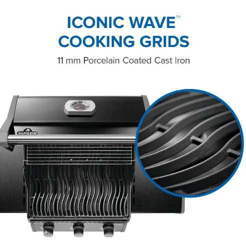 Napoleon Rogue 425 Premium 3-Burner Gas Grill in Sleek Black: compact, durable grill with three stainless steel burners delivering 42,000 BTUs, porcelainized cast iron WAVE cooking grids, and space-saving folding side shelves.