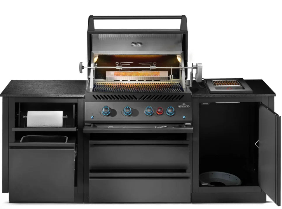 OASIS 301 Outdoor Kitchen Island with Built-In 700 Series 32" Gas Grill: Durable matte black steel cabinetry and soft-close doors and drawers surround a powerful 78,000 BTU gas grill head featuring four stainless steel burners, rear infrared rotisserie burner, and JETFIRE ignition.