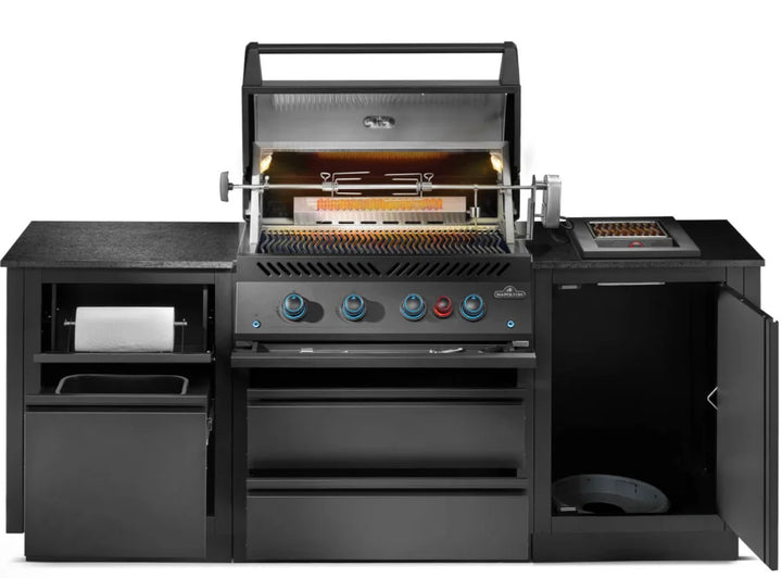 OASIS 301 Outdoor Kitchen Island with Built-In 700 Series 32" Gas Grill: Durable matte black steel cabinetry and soft-close doors and drawers surround a powerful 78,000 BTU gas grill head featuring four stainless steel burners, rear infrared rotisserie burner, and JETFIRE ignition.
