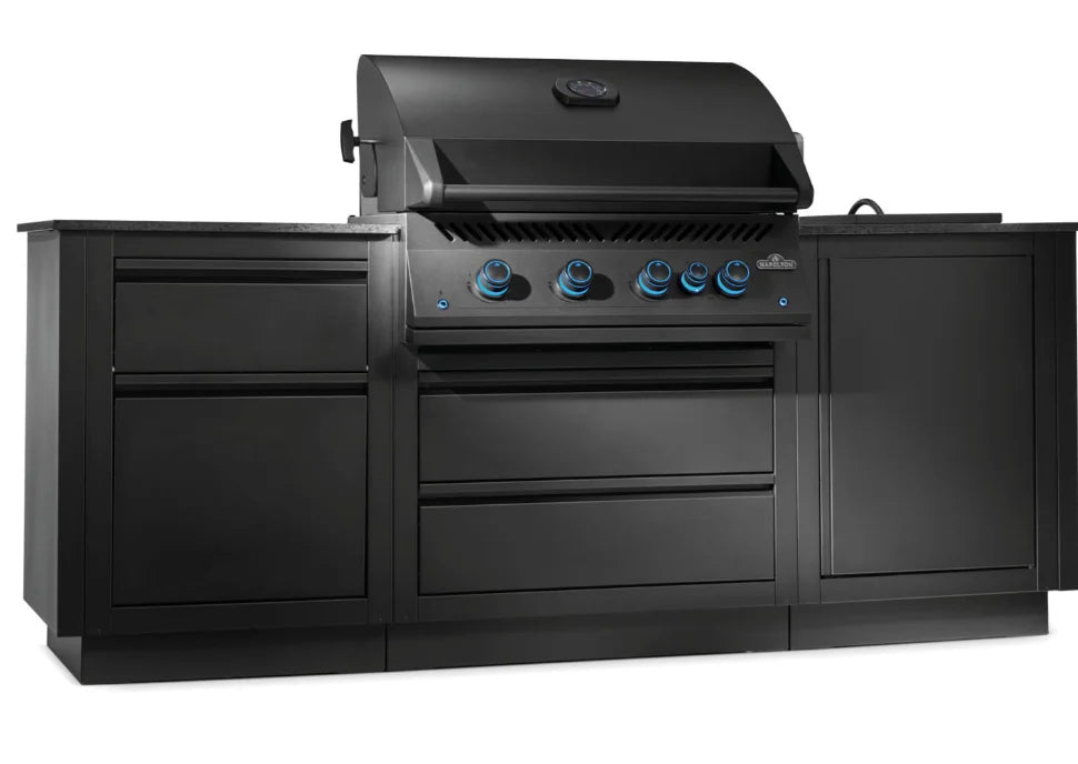 OASIS 301 Modular Outdoor Kitchen Island featuring built-in 700 Series 32-Inch Gas Grill Head with four stainless steel burners, rear infrared rotisserie burner and JETFIRE ignition, set against a modern backdrop of matte black powder-coated galvanneal steel cabinetry.