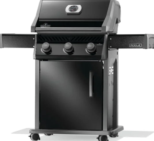 Napoleon Rogue 425 Premium 3-Burner Gas Grill in Sleek Black, featuring three stainless steel main burners, porcelainized cast iron WAVE cooking grids, and durable black finish with locking caster wheels.