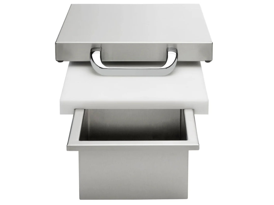 Vintage Grills Prep and Waste Chute, 18-gauge stainless steel construction, features removable polyethylene cutting board and concealed waste compartment.