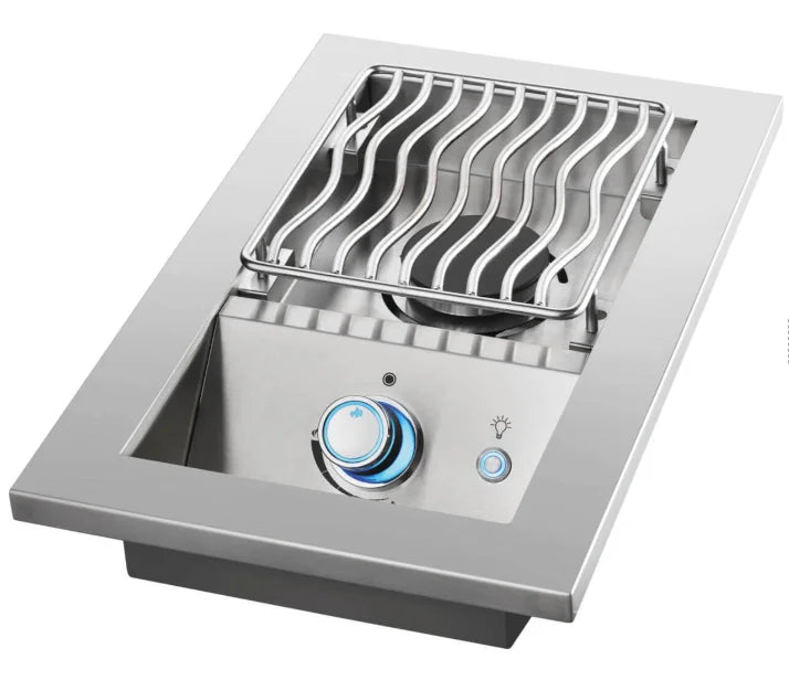 Napoleon Built-In 700 Series Single Range Top Burner with Stainless Steel Cover: premium stainless steel drop-in burner for outdoor kitchen, powered by 10,000 BTUs propane gas with instant battery-free JETFIRE ignition and backlit SafetyGlow control knob.