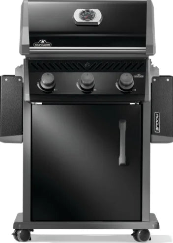Napoleon Rogue 425 Premium Gas Grill in Sleek Black features three stainless steel burners delivering 42,000 BTUs, porcelainized cast iron WAVE cooking grids for even heating and sear marks.