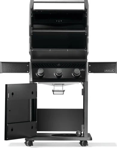 Napoleon Rogue 425 Premium Gas Grill in Sleek Black, featuring durable black porcelain enamel lid, powder-coated body, three powerful stainless steel burners, and 576 sq. in. total cooking space.