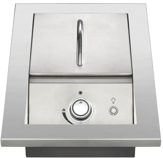 Napoleon Built-In 700 Series Single Range Top Burner with Stainless Steel Cover: A 10-inch drop-in propane burner for outdoor kitchens, featuring 10,000 BTUs, JETFIRE ignition, and a backlit SafetyGlow control knob for easy operation.