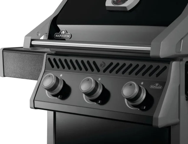 Napoleon Rogue 425 Premium 3-Burner Gas Grill in Sleek Black with stainless steel burners, porcelainized cast iron WAVE cooking grids, and durable black finish for weather-resistant grilling.