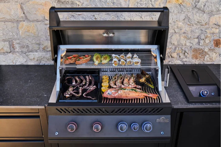The OASIS 301 Outdoor Kitchen Island with Built-In 700 Series 32" Gas Grill features durable matte black powder-coated galvanneal steel cabinetry and a built-in gas grill delivering 78,000 BTUs with four stainless steel burners.