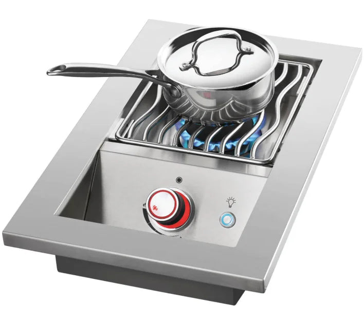 Napoleon Built-In 700 Series Single Range Top Burner with Stainless Steel Cover: A premium stainless steel drop-in burner for outdoor kitchens, featuring 10,000 BTUs, battery-free JETFIRE ignition, and backlit SafetyGlow control knob.