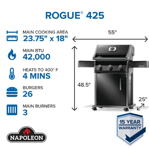 Napoleon Rogue® 425 – Premium 3-Burner Gas Grill in Sleek Black: compact grill with durable black porcelain enamel lid, powder-coated body, and stainless steel burners delivering 42,000 BTUs of precise heat, featuring WAVE™ cooking grids for even heating and signature sear marks.