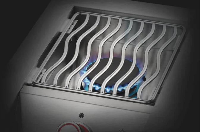 Napoleon Built-In 700 Series Single Range Top Burner with Stainless Steel Cover: A 10-inch drop-in burner for outdoor kitchens, powered by 10,000 BTUs, featuring JETFIRE ignition and SafetyGlow control knob.
